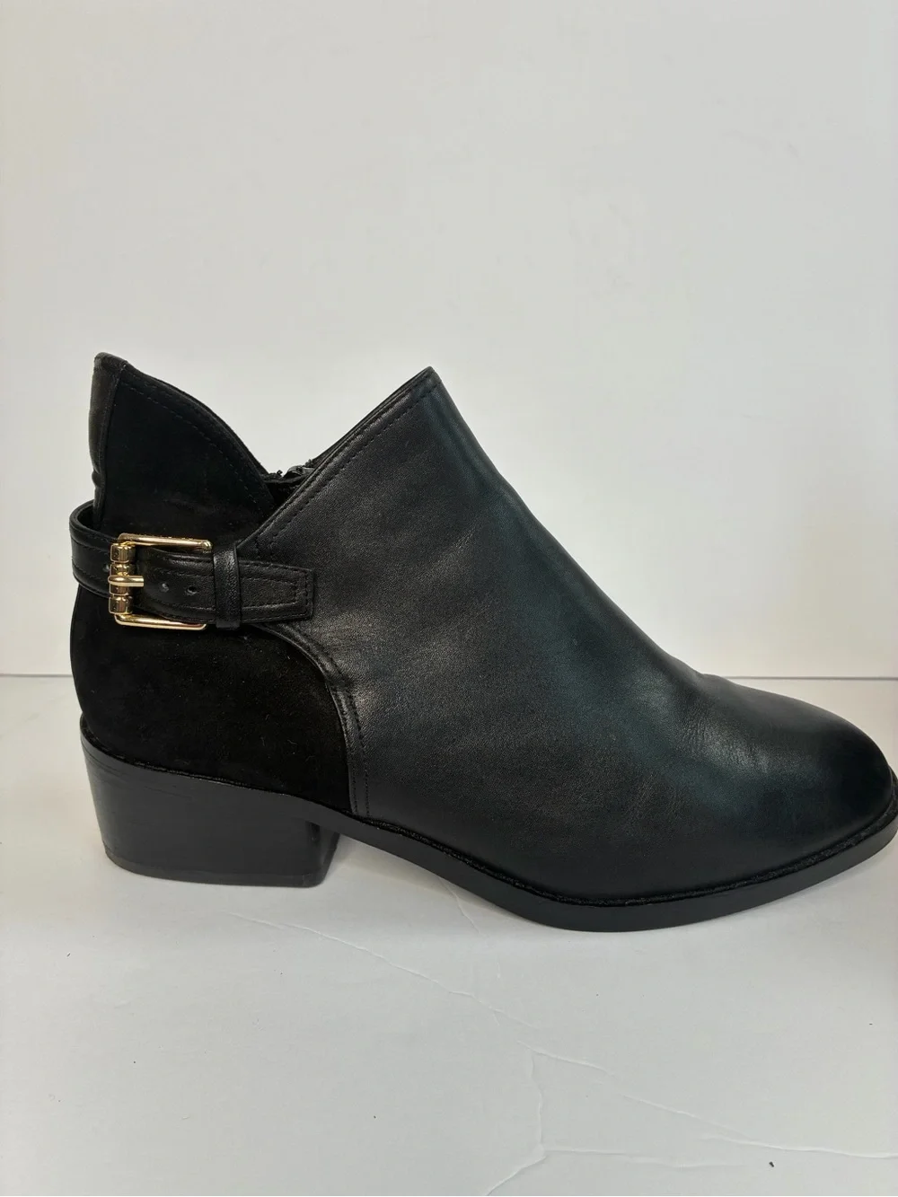 Cole Haan Black Preppy Leather & Suede Ankle Boot with Gold Buckle Size 6.5